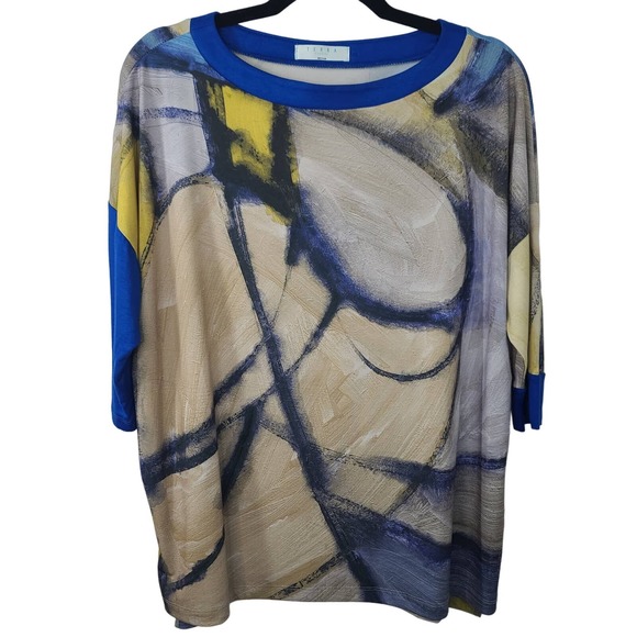 Terra Top Blue Yellow Medium Stretch Oversize 3/4 Sleeve Art To Wear Pockets - Picture 1 of 12